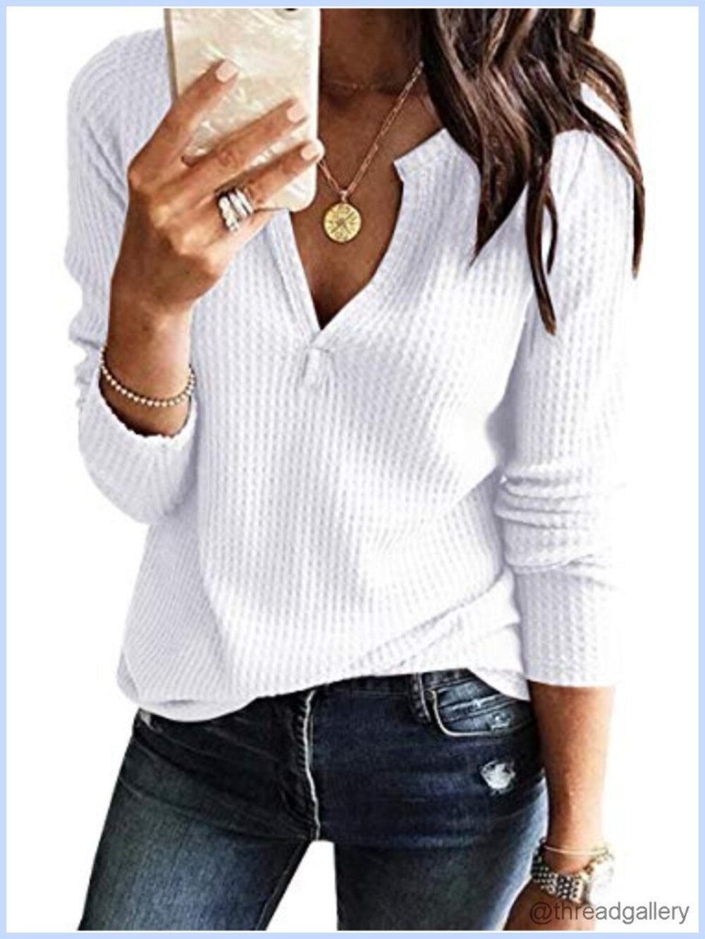 Waffle Knit V Neck Long Sleeve Top Loose Fit Pullover Tee